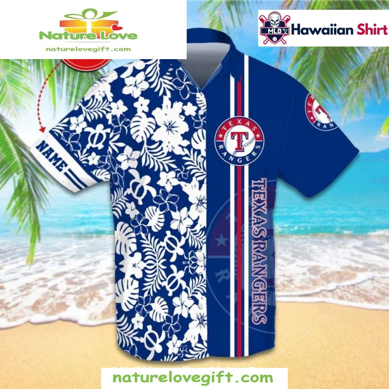 Texas Rangers Hawaiian Floral Stripe Custom Name MLB - Adult & Kids T-Shirts, Sweatshirts & Hoodies apparel design preview 1