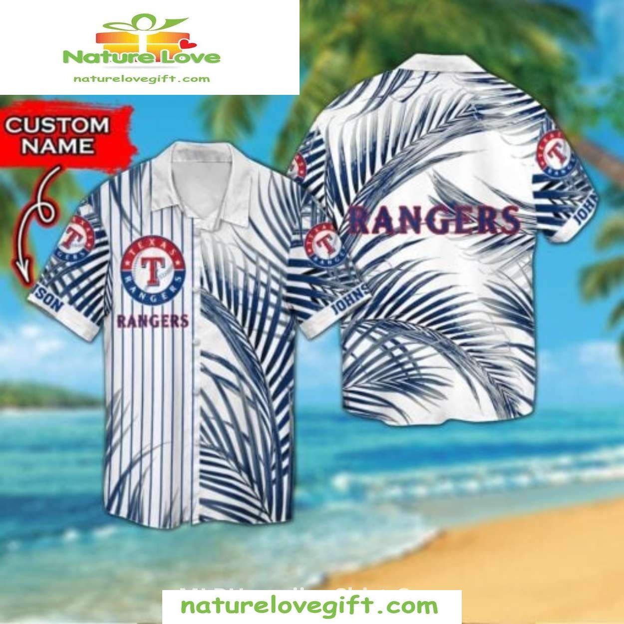 Texas Rangers Hawaiian Pinstripes Palm Leaves MLB - Adult & Kids T-Shirts, Sweatshirts & Hoodies apparel design preview 1