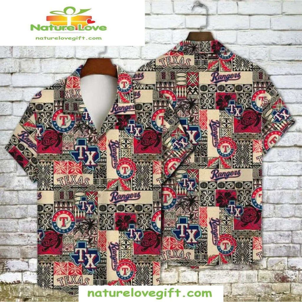 Texas Rangers Hawaiian MLB Tribal Patchwork Logo - Adult & Kids T-Shirts, Sweatshirts & Hoodies apparel design preview 1