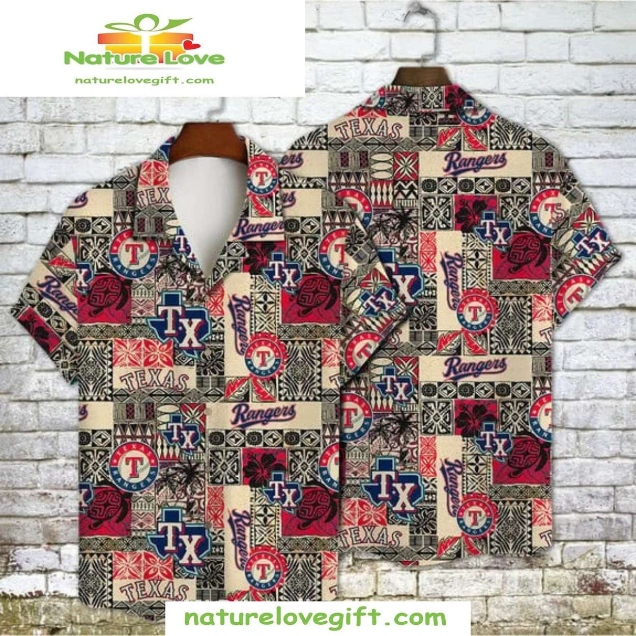 Texas Rangers Hawaiian MLB Tribal Patchwork Logo - Adult & Kids T-Shirts, Sweatshirts & Hoodies apparel design preview 1