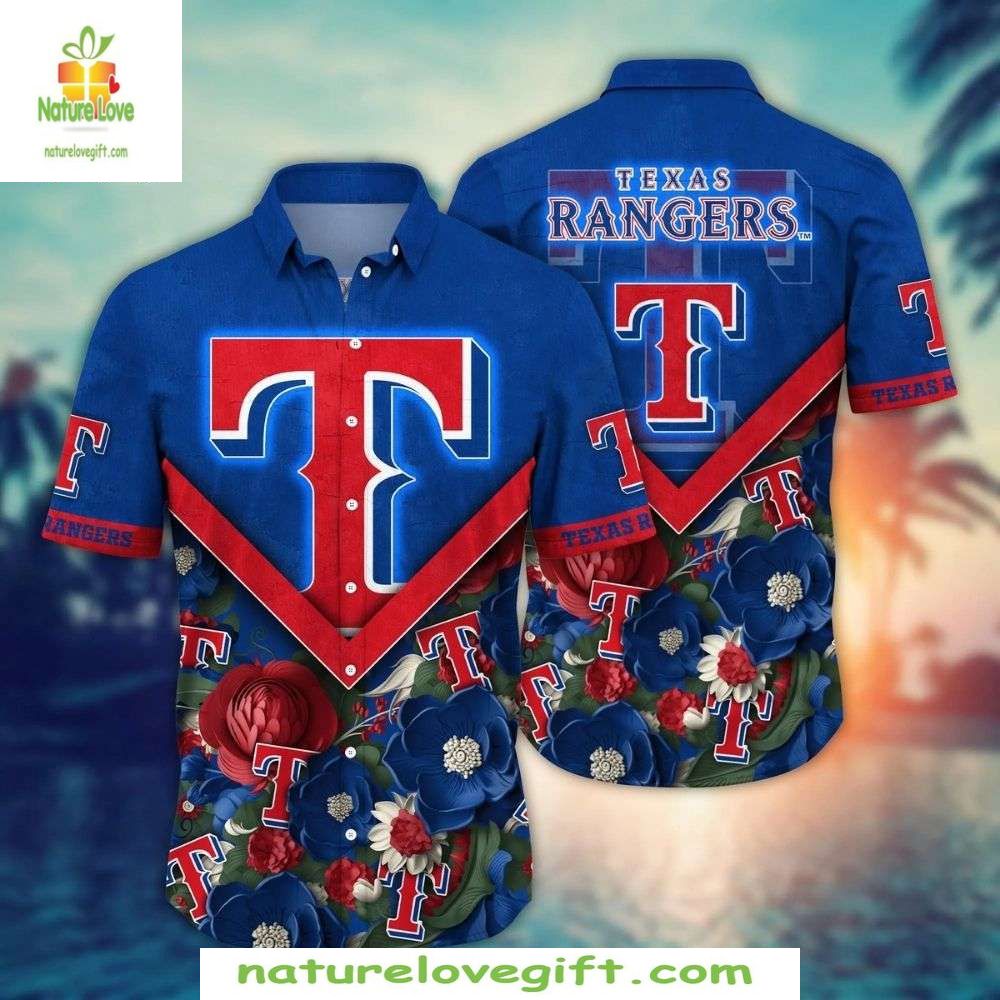 Texas Rangers Hawaiian Bold Blue Floral MLB Baseball - Adult & Kids T-Shirts, Sweatshirts & Hoodies apparel design preview 1