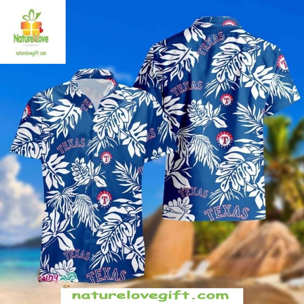 Texas Rangers Hawaiian Classic White Tropical Leaves - Adult & Kids T-Shirts, Sweatshirts & Hoodies apparel design preview 1