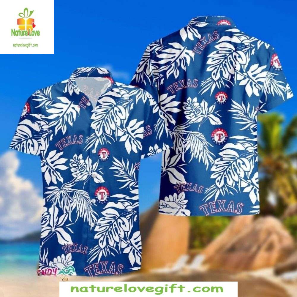 Texas Rangers Hawaiian Classic White Tropical Leaves - Adult & Kids T-Shirts, Sweatshirts & Hoodies apparel design preview 1