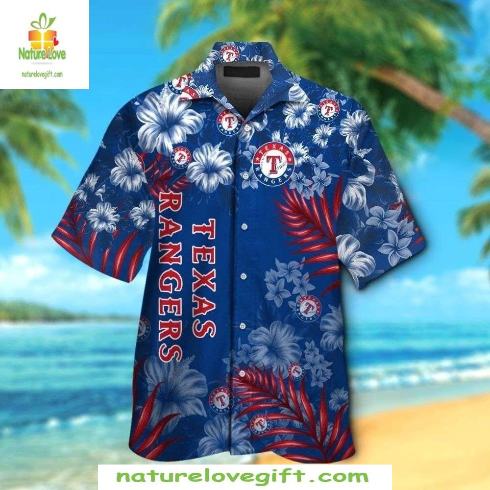 Texas Rangers Hawaiian Cool Blue Hibiscus MLB - Adult & Kids T-Shirts, Sweatshirts & Hoodies apparel design preview 1
