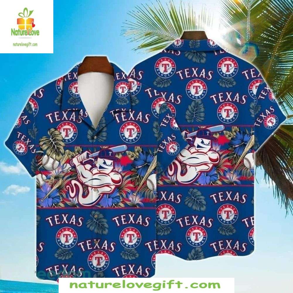 Texas Rangers Hawaiian Funny Mascot Tropical Baseball - Adult & Kids T-Shirts, Sweatshirts & Hoodies apparel design preview 1
