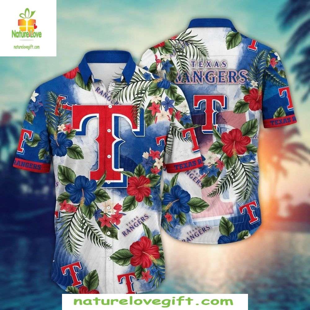 Texas Rangers Hawaiian Red Blue Floral MLB Baseball - Adult & Kids T-Shirts, Sweatshirts & Hoodies apparel design preview 1