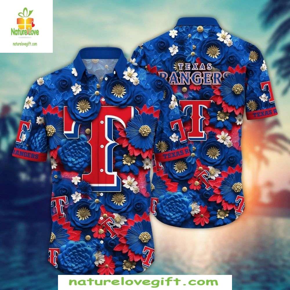 Texas Rangers Hawaiian Royal Blue Floral Baseball - Adult & Kids T-Shirts, Sweatshirts & Hoodies apparel design preview 1
