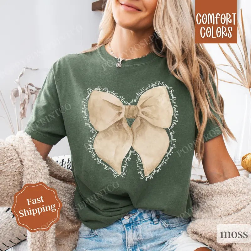 Thankful Bow Comfort Colors Coquette Thanksgiving - Adult & Kids T-Shirts, Sweatshirts & Hoodies apparel design preview 1