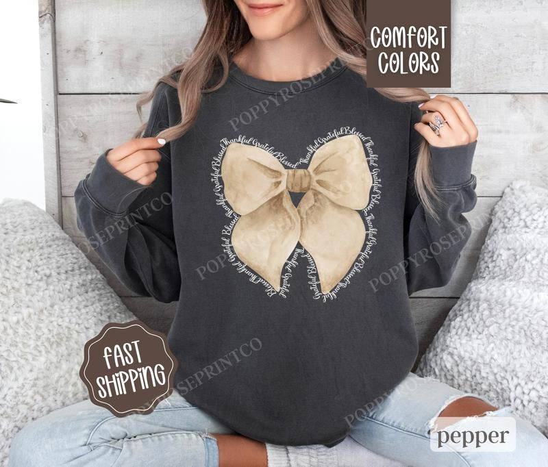 Thankful Bow Comfort Colors Thanksgiving Womenswear - Adult & Kids T-Shirts, Sweatshirts & Hoodies apparel design preview 1