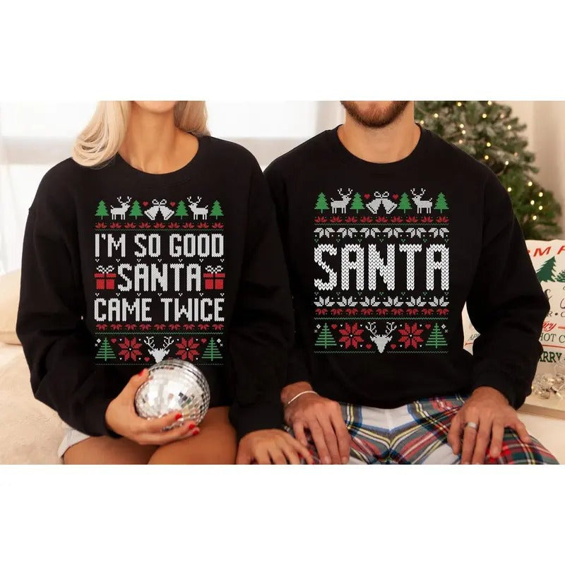Original Funny Couples Matching Ugly Santa Twice - Adult & Kids T-Shirts, Sweatshirts & Hoodies apparel design preview 1
