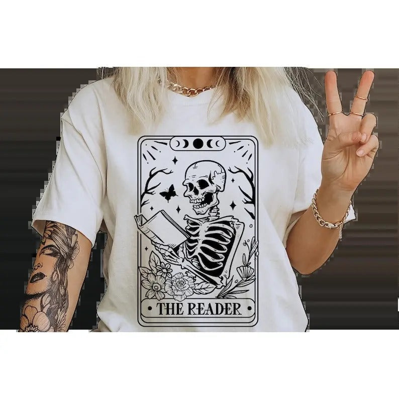 Reader Tarot Card Skeleton Booktrovert Dark Romance - Adult & Kids T-Shirts, Sweatshirts & Hoodies apparel design preview 1
