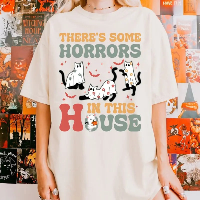 There'S Some Horrors This House Ghost Cats Funny - Adult & Kids T-Shirts, Sweatshirts & Hoodies apparel design preview 1