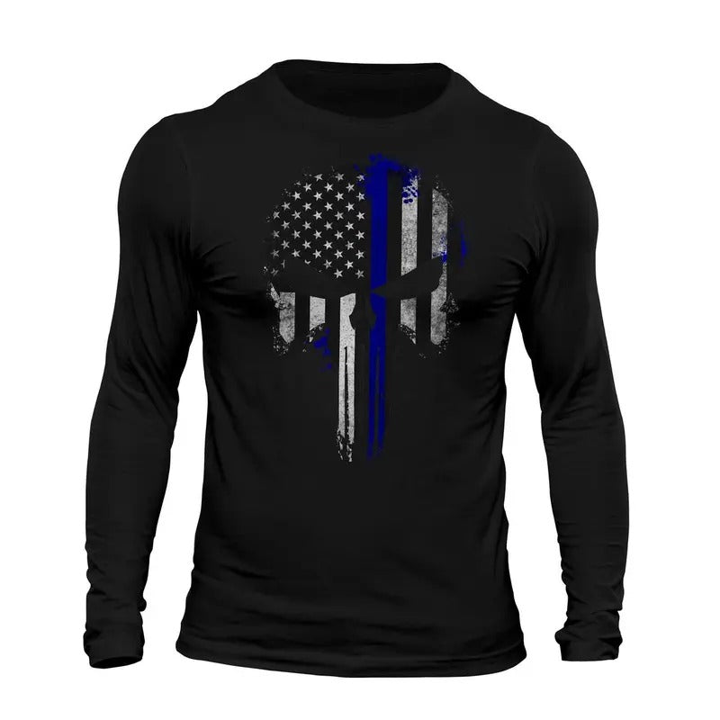 Thin Blue Flag Skull Patriotic USA Tactical Casual - Adult & Kids T-Shirts, Sweatshirts & Hoodies apparel design preview 1