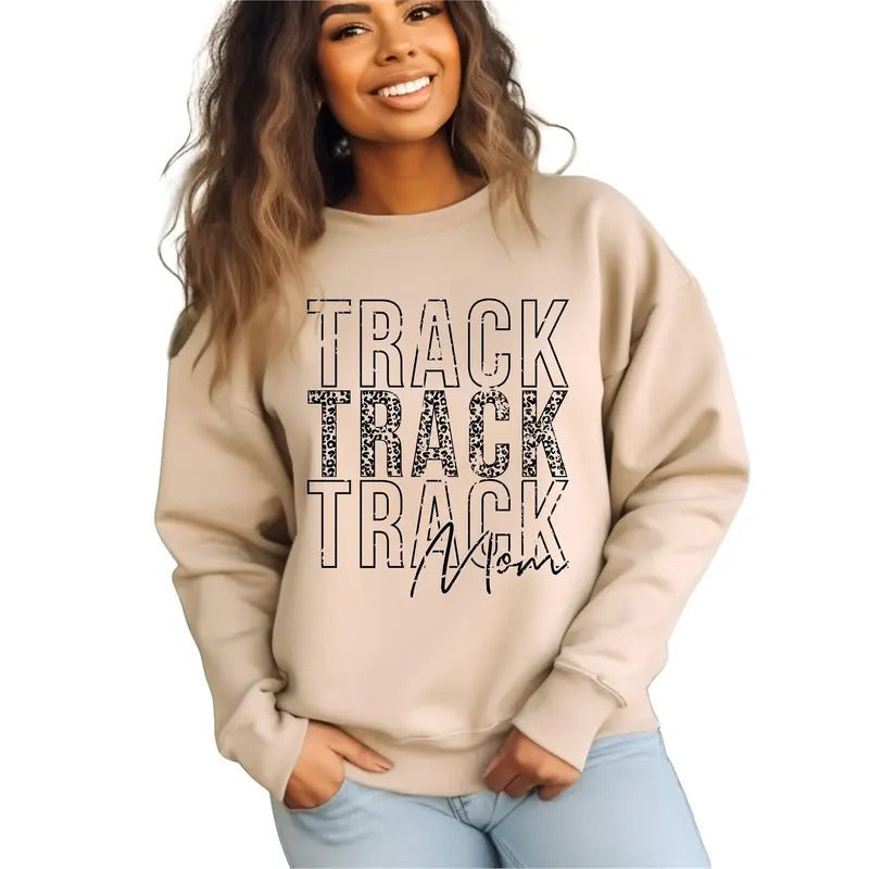 Track Mom Letter Print Sports Leopard Round Neck - Adult & Kids T-Shirts, Sweatshirts & Hoodies apparel design preview 1