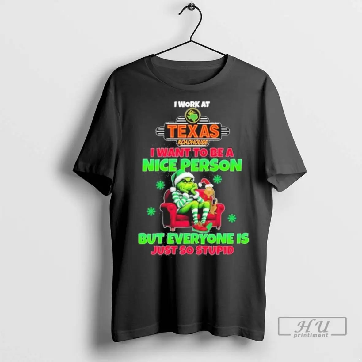 Trending Santa Grinch I Work At Texas Roadhouse Logo - Adult & Kids T-Shirts, Sweatshirts & Hoodies apparel design preview 1