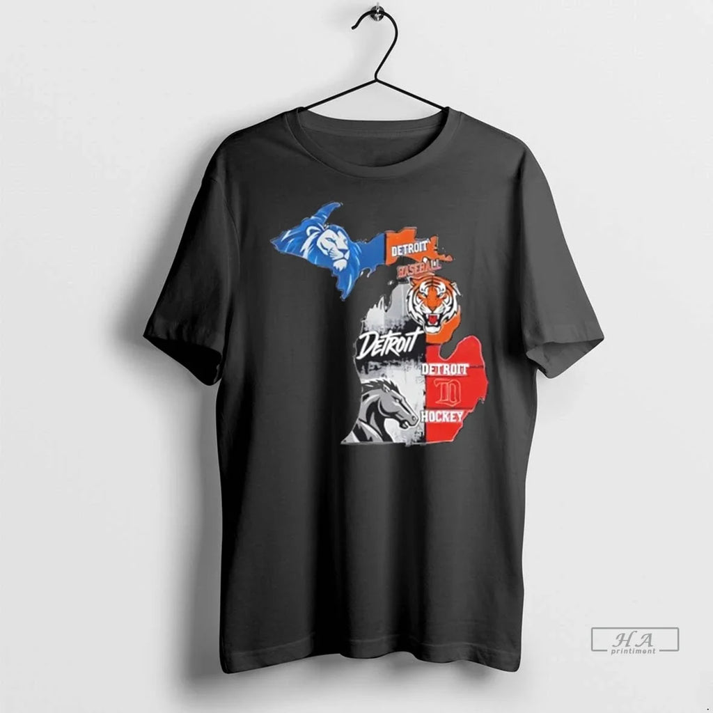 Trendy Detroit Map Sports Fan Lions Tigers Pistons - Adult & Kids T-Shirts, Sweatshirts & Hoodies apparel design preview 1