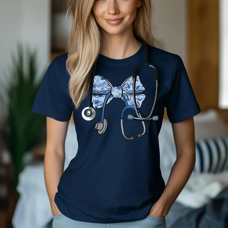 Nurse Essential Cute Floral Stethoscope Bow Ribbon - Adult & Kids T-Shirts, Sweatshirts & Hoodies apparel design preview 1