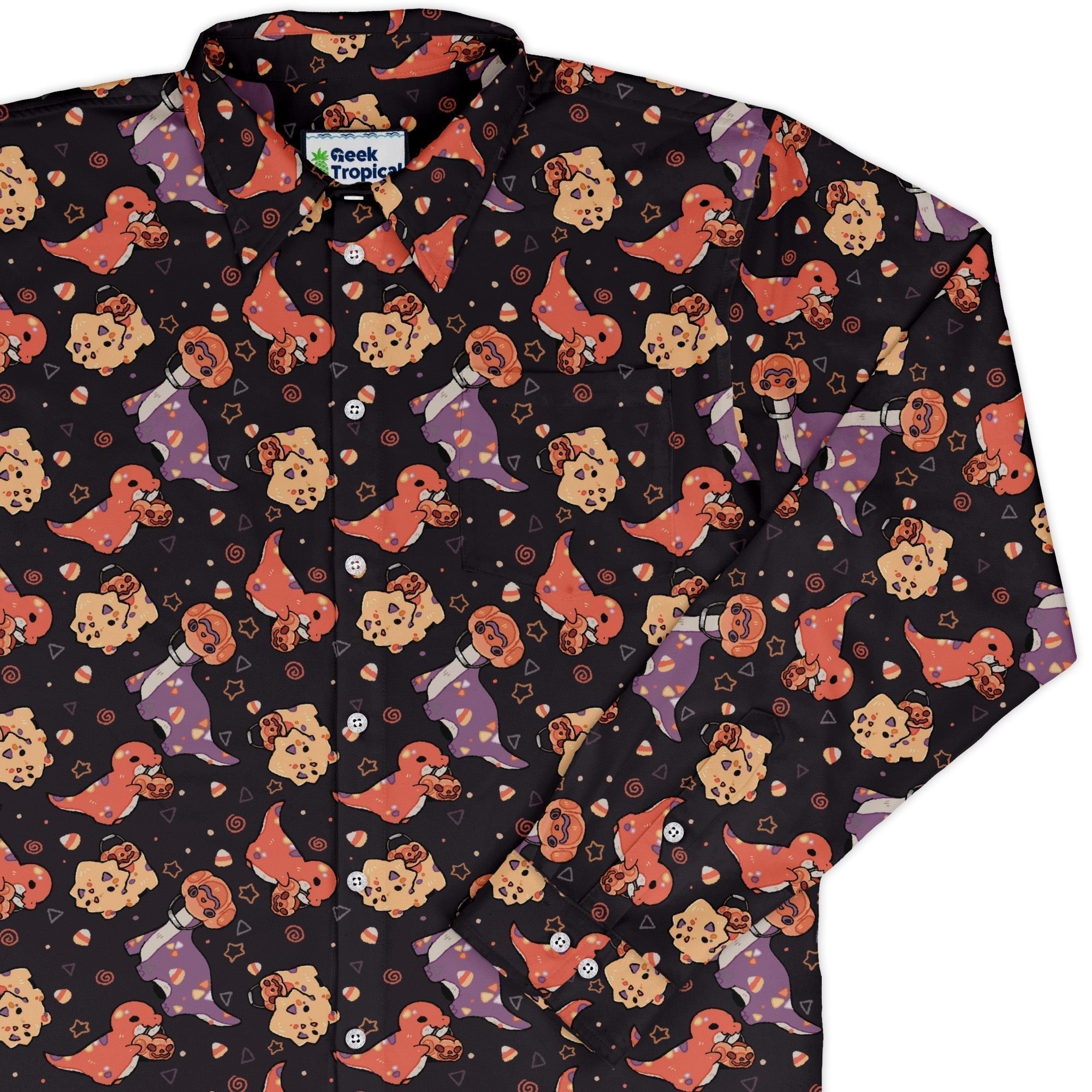 Trick or Treat Dinos Button Up - Adult & Kids T-Shirts, Sweatshirts & Hoodies apparel design preview 1