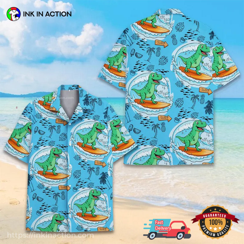 Tropical Dinosaur Surfing Hawaiian - Adult & Kids T-Shirts, Sweatshirts & Hoodies apparel design preview 1
