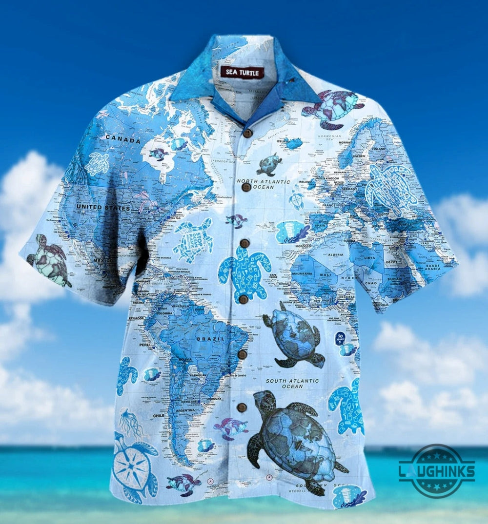 Turtle Blue Map Hawaiian Aloha Summer Beach Button Up - Adult & Kids T-Shirts, Sweatshirts & Hoodies apparel design preview 1