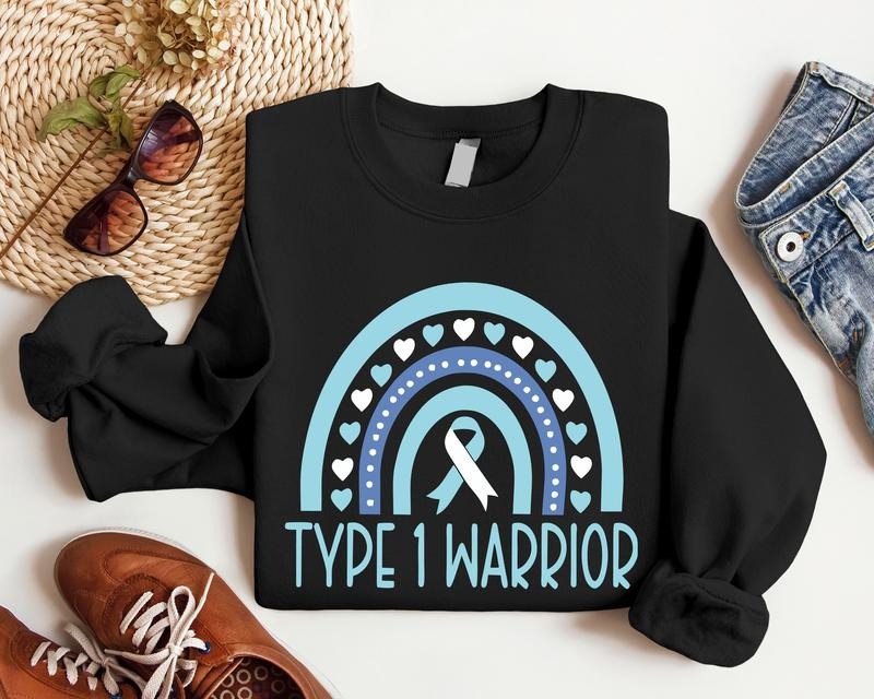 Type 1 Warrior Diabetes Rainbow Awareness Blue Ribbon - Adult & Kids T-Shirts, Sweatshirts & Hoodies apparel design preview 1