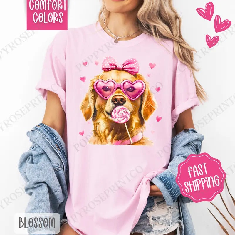 Valentine Golden Retriever Comfort Colors Cute - Adult & Kids T-Shirts, Sweatshirts & Hoodies apparel design preview 1