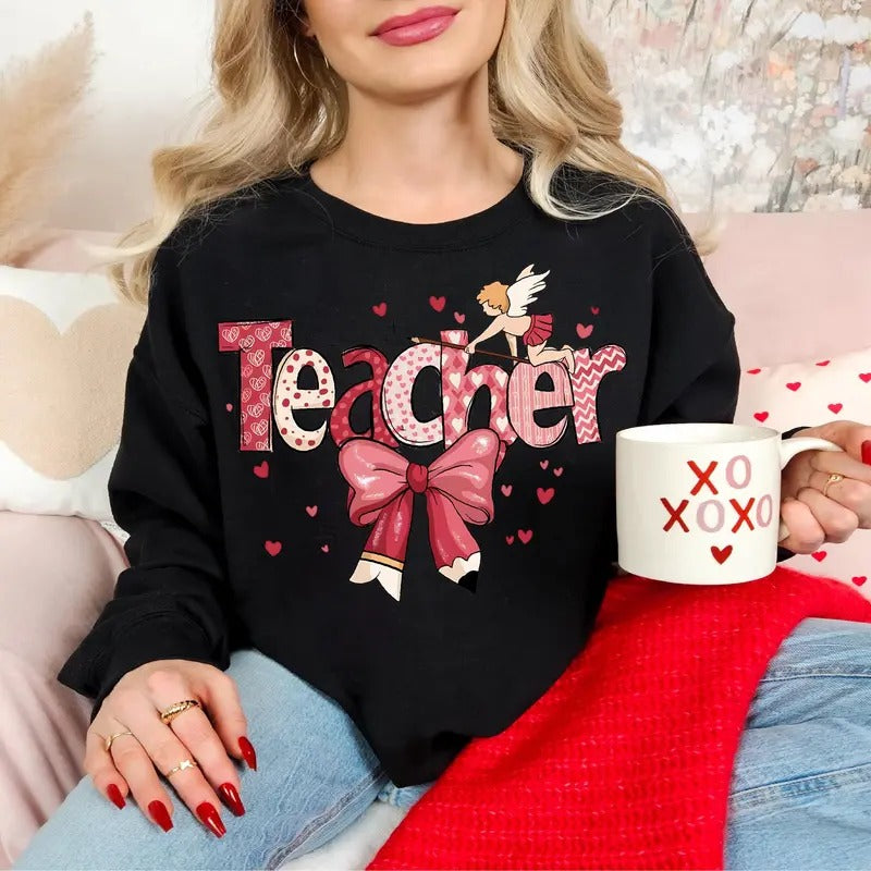 Valentine Teacher Coquette Bow - Adult & Kids T-Shirts, Sweatshirts & Hoodies apparel design preview 1
