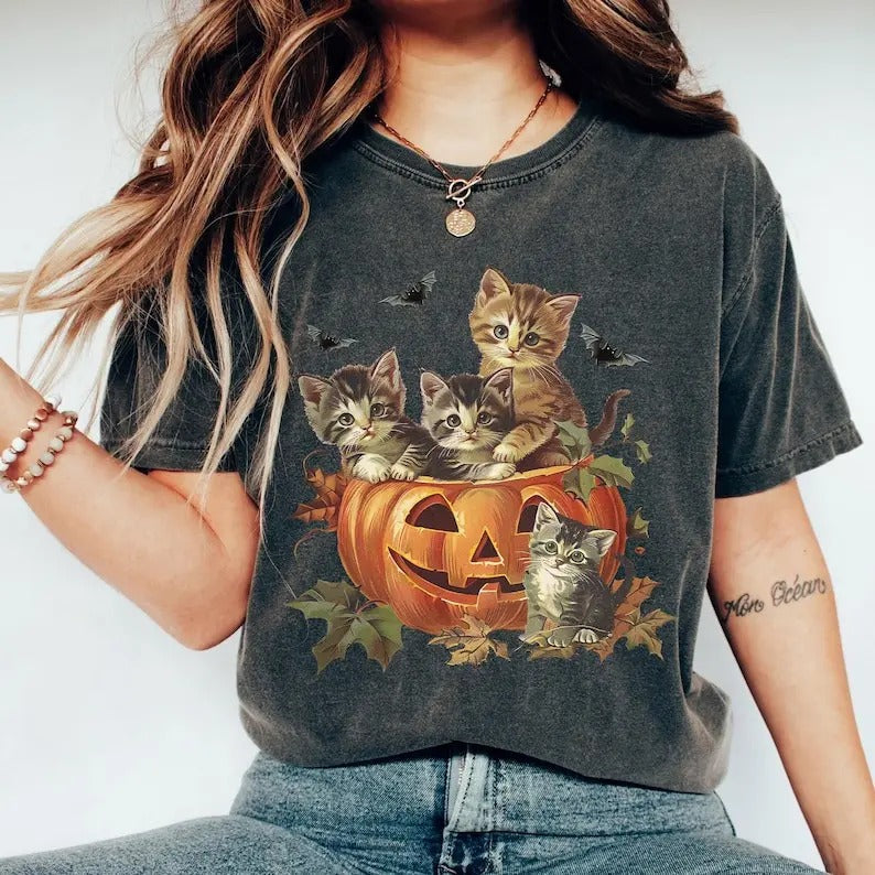 Vintage 90s Cat Halloween Retro Spooky Pumpkin - Adult & Kids T-Shirts, Sweatshirts & Hoodies apparel design preview 1