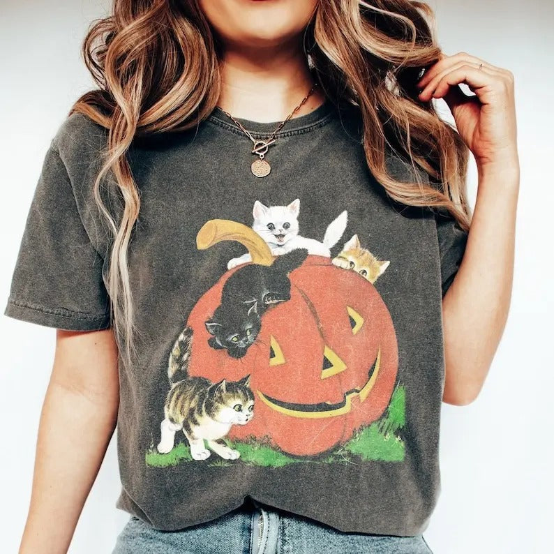 Vintage 90s Cat Halloween Retro Spooky Season Pumpkin - Adult & Kids T-Shirts, Sweatshirts & Hoodies apparel design preview 1