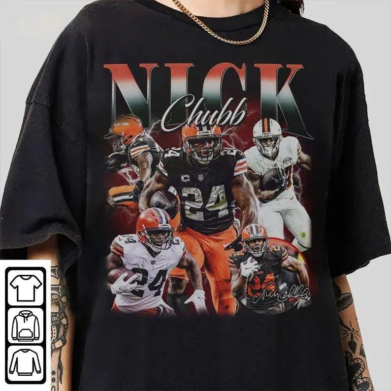 Vintage 90s Nick Chubb Retro American Football - Adult & Kids T-Shirts, Sweatshirts & Hoodies apparel design preview 1