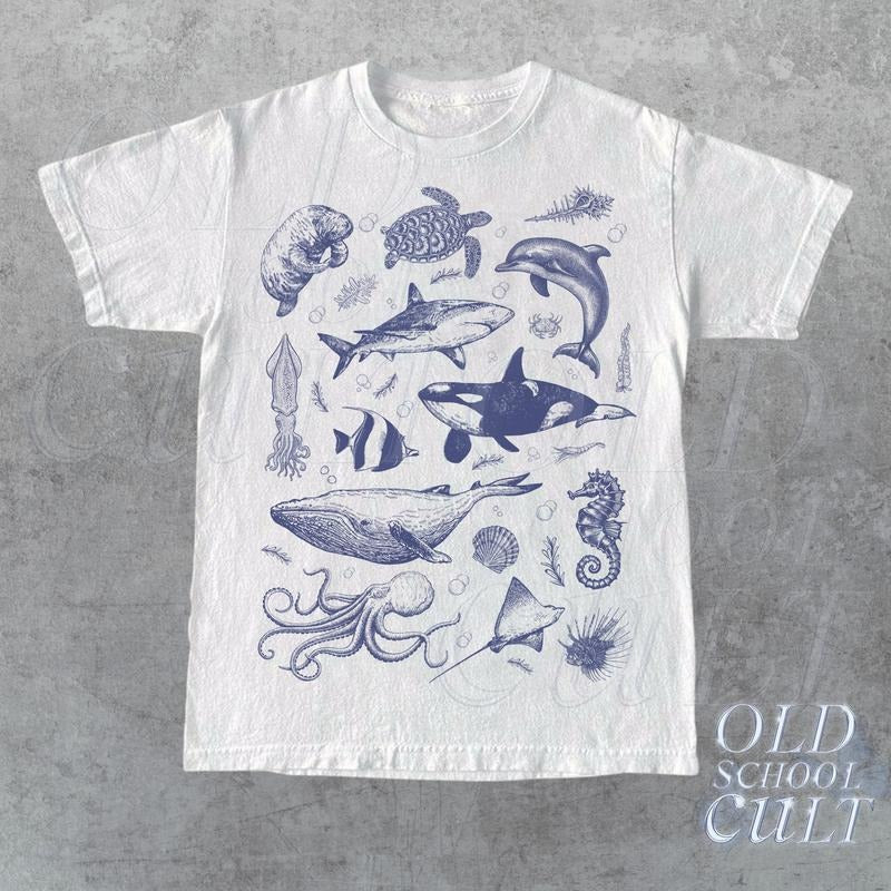 Vintage 90s Tattoo Sea Animal Retro Ocean Nature - Adult & Kids T-Shirts, Sweatshirts & Hoodies apparel design preview 1