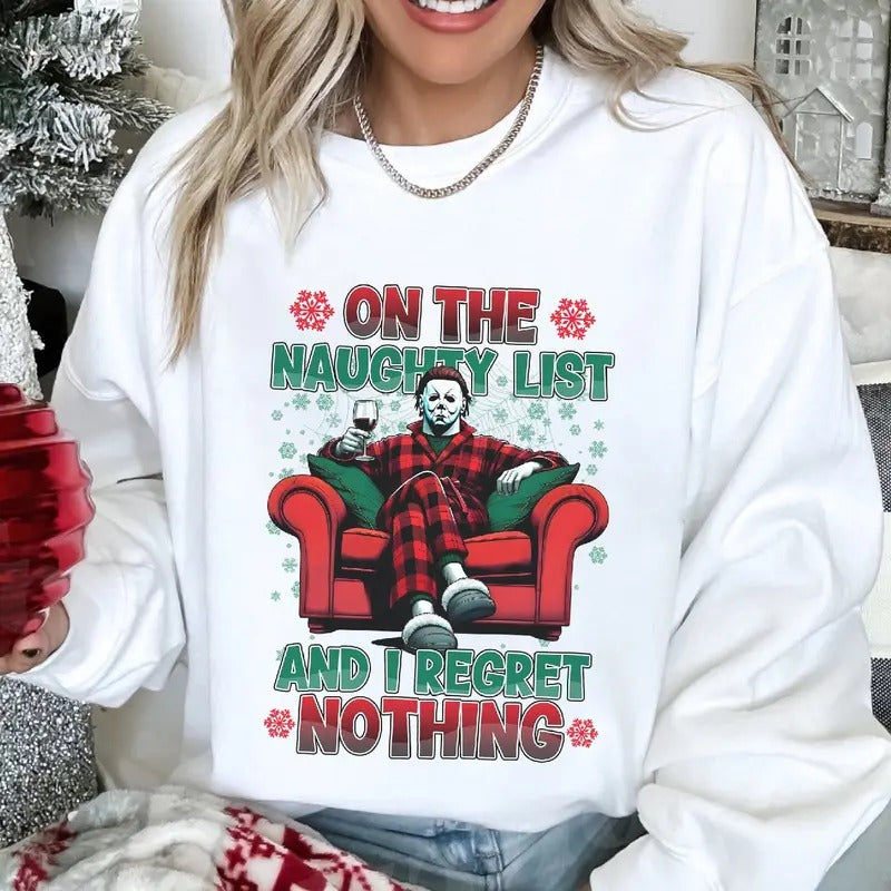 Vintage Michael Myers Naughty List I Regret Nothing - Adult & Kids T-Shirts, Sweatshirts & Hoodies apparel design preview 1