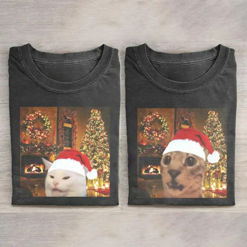 Vintage Cute Cat Meme Santa Claus Merry Couple - Adult & Kids T-Shirts, Sweatshirts & Hoodies apparel design preview 1