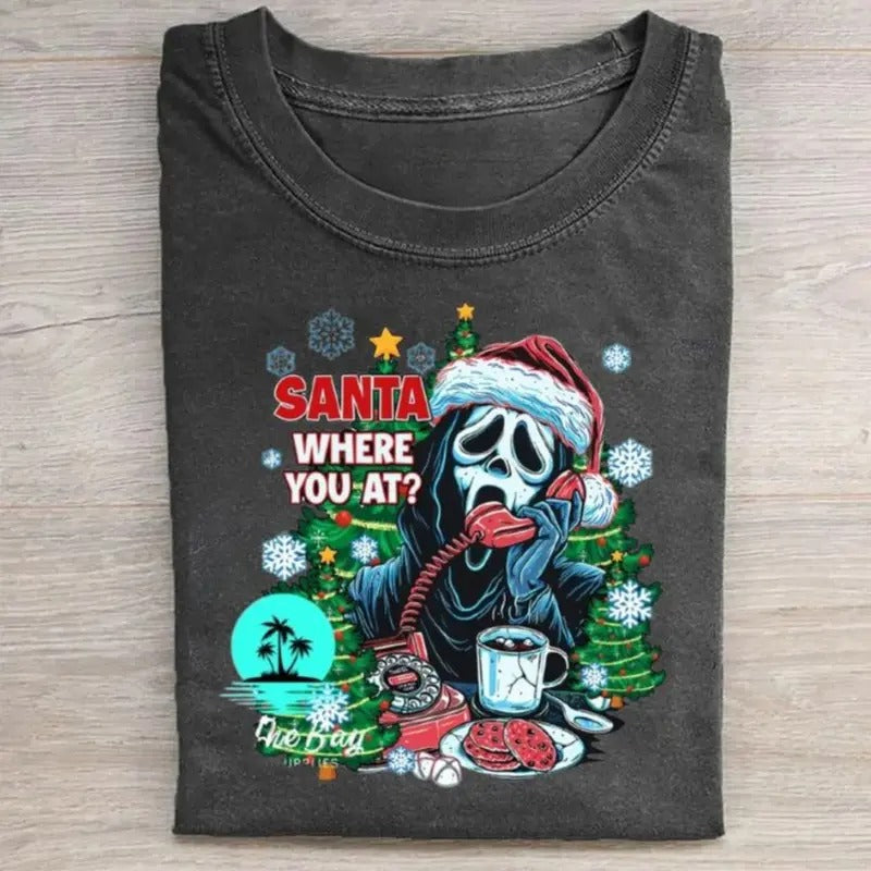 Vintage Funny Ghostface Calling Santa "Where You - Adult & Kids T-Shirts, Sweatshirts & Hoodies apparel design preview 1
