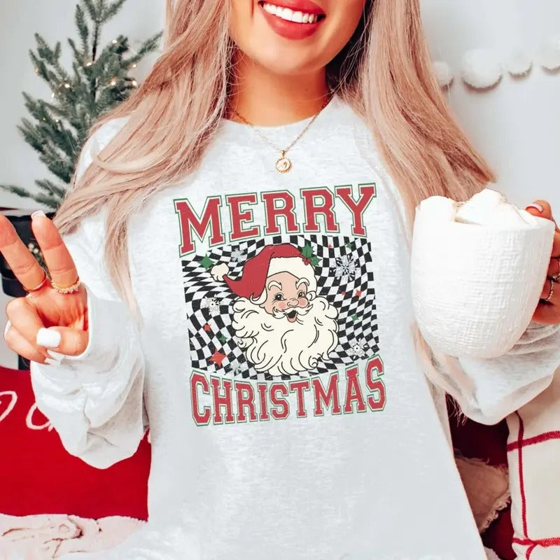 Vintage Merry Santa Checkered Claus Cute - Adult & Kids T-Shirts, Sweatshirts & Hoodies apparel design preview 1