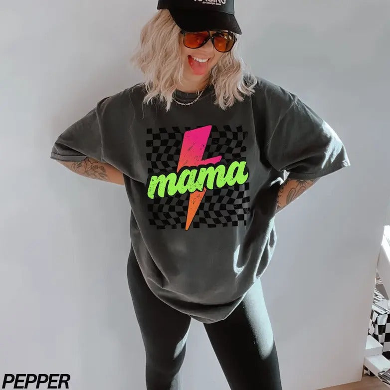 Vintage Neon Mama Checkered Lightning Bolt - Adult & Kids T-Shirts, Sweatshirts & Hoodies apparel design preview 1