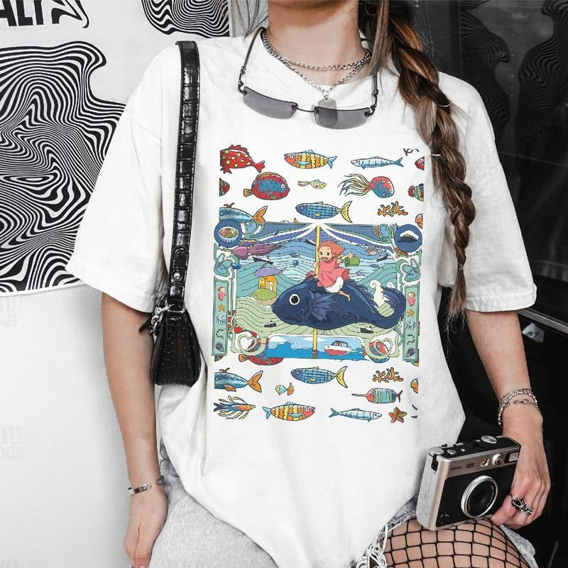 Vintage Ponyo Mermaid Ghibli Anime Studio Character - Adult & Kids T-Shirts, Sweatshirts & Hoodies apparel design preview 1