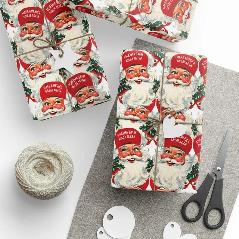 Vintage Santa MAGA Trump Wrap Wrapping Paper 2024 - Adult & Kids T-Shirts, Sweatshirts & Hoodies apparel design preview 1