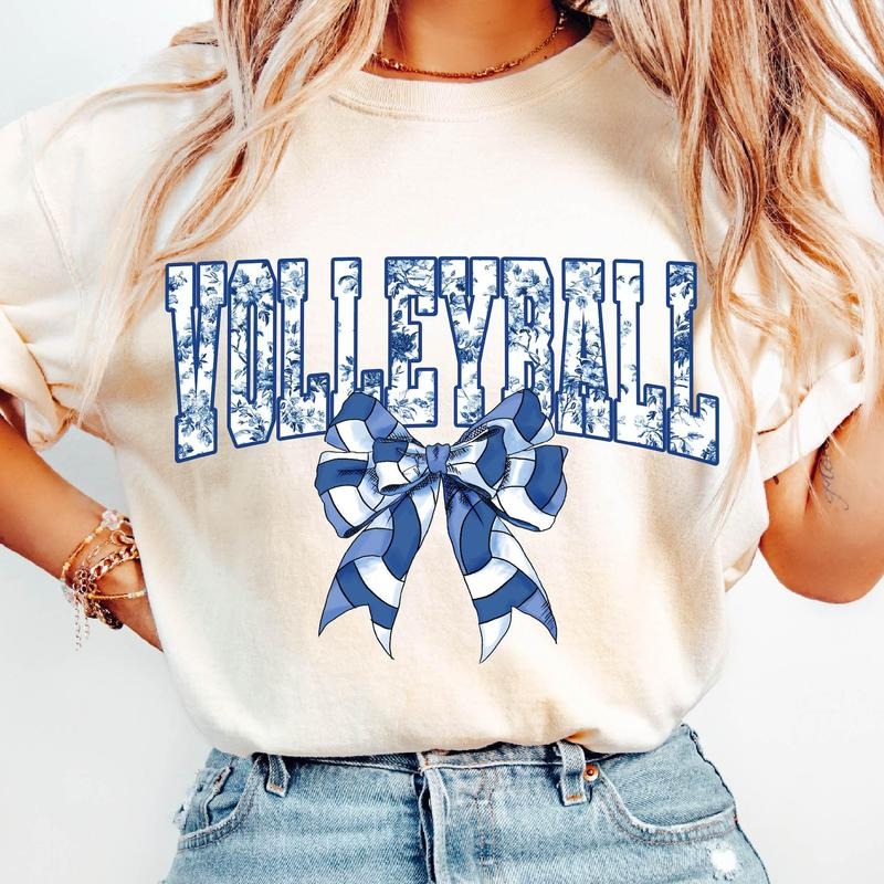 Volleyball Floral Toile Blue Water Color Coquette Bow - Adult & Kids T-Shirts, Sweatshirts & Hoodies apparel design preview 1