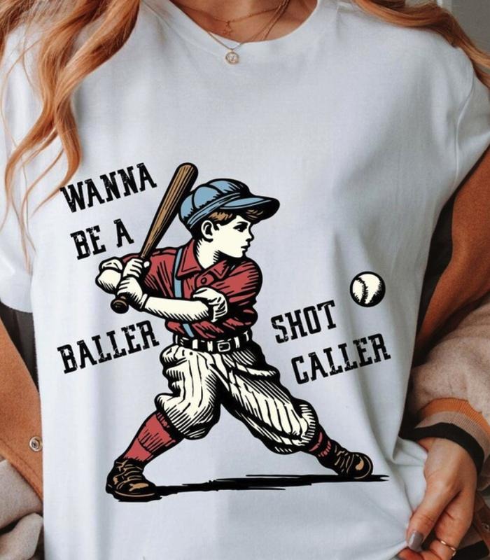 Wanna Be Baller Shot Caller Vintage Funny Baseball - Adult & Kids T-Shirts, Sweatshirts & Hoodies apparel design preview 1