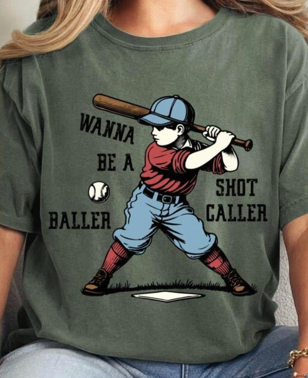 Wanna Be Baller Shot Caller Vintage Funny Baseball - Adult & Kids T-Shirts, Sweatshirts & Hoodies apparel design preview 1