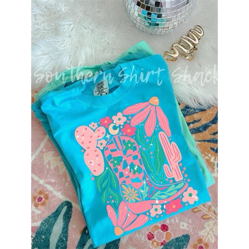 Western Cactus Cowgirl Boot Lagoon Blue Comfort - Adult & Kids T-Shirts, Sweatshirts & Hoodies apparel design preview 1