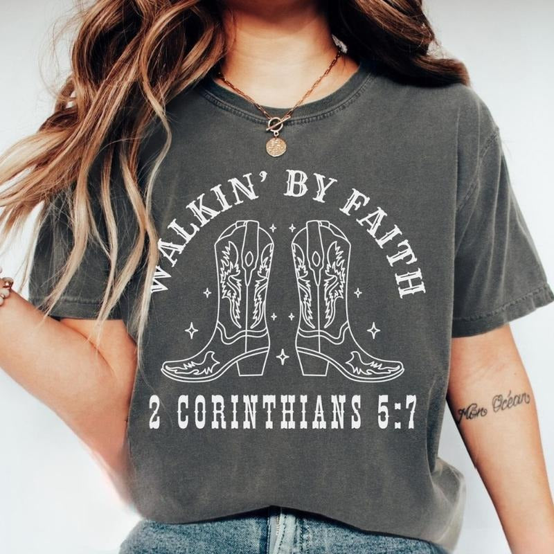 Western Cowgirl Boot Walkin' Faith Christian Walk - Adult & Kids T-Shirts, Sweatshirts & Hoodies apparel design preview 1
