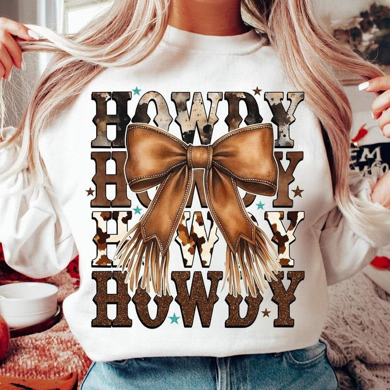 Western Cowgirl Howdy Brown Leather Bow Mama - Adult & Kids T-Shirts, Sweatshirts & Hoodies apparel design preview 1