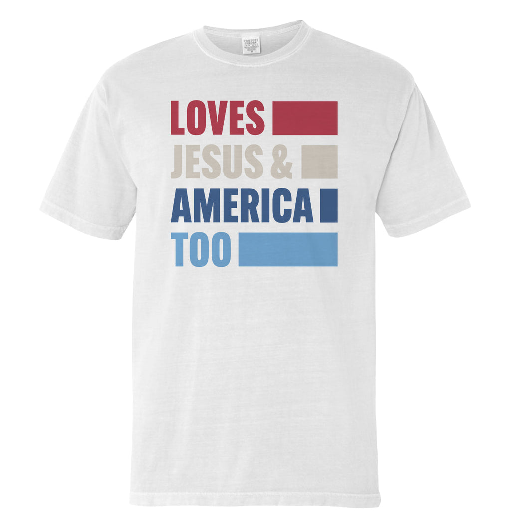 Loves Jesus America Too Bold (Front) - Adult & Kids T-Shirts, Sweatshirts & Hoodies apparel design preview 1