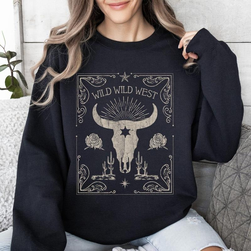 Wild West Cow Skull Rose Western Country - Adult & Kids T-Shirts, Sweatshirts & Hoodies apparel design preview 1