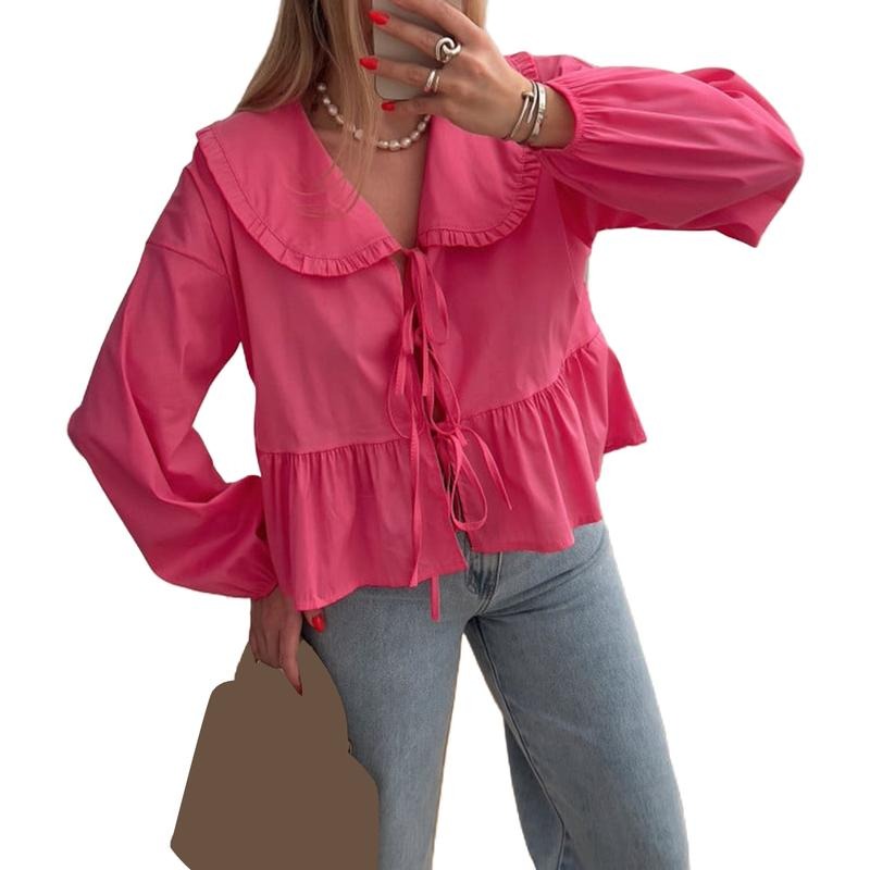 Basic Tie Front Tops Casual Solid Color Doll Collar - Adult & Kids T-Shirts, Sweatshirts & Hoodies apparel design preview 1