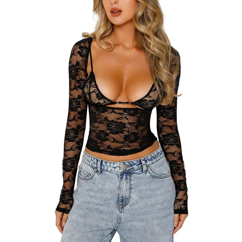 Floral Lace Tops Low Cut Sheer Fitted Crop Bra Summer - Adult & Kids T-Shirts, Sweatshirts & Hoodies apparel design preview 1