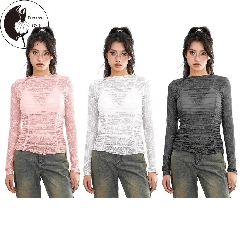 Tops Sheer Floral Lace Ruched Basic Casual Fall Club - Adult & Kids T-Shirts, Sweatshirts & Hoodies apparel design preview 1