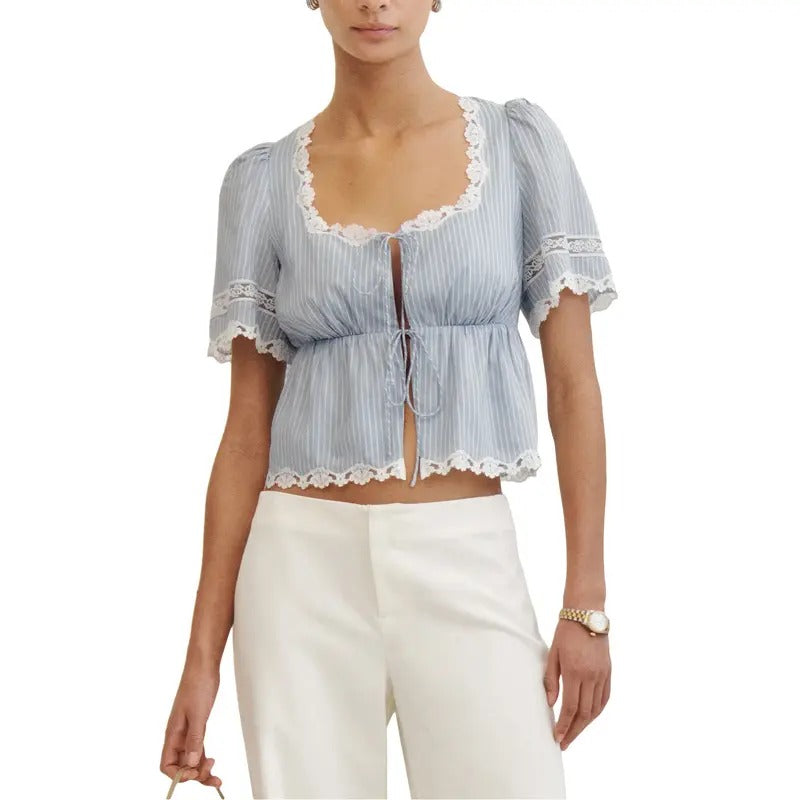 Square Neck Short Sleeve Tie Up Patchwork Summer Tops - Adult & Kids T-Shirts, Sweatshirts & Hoodies apparel design preview 1